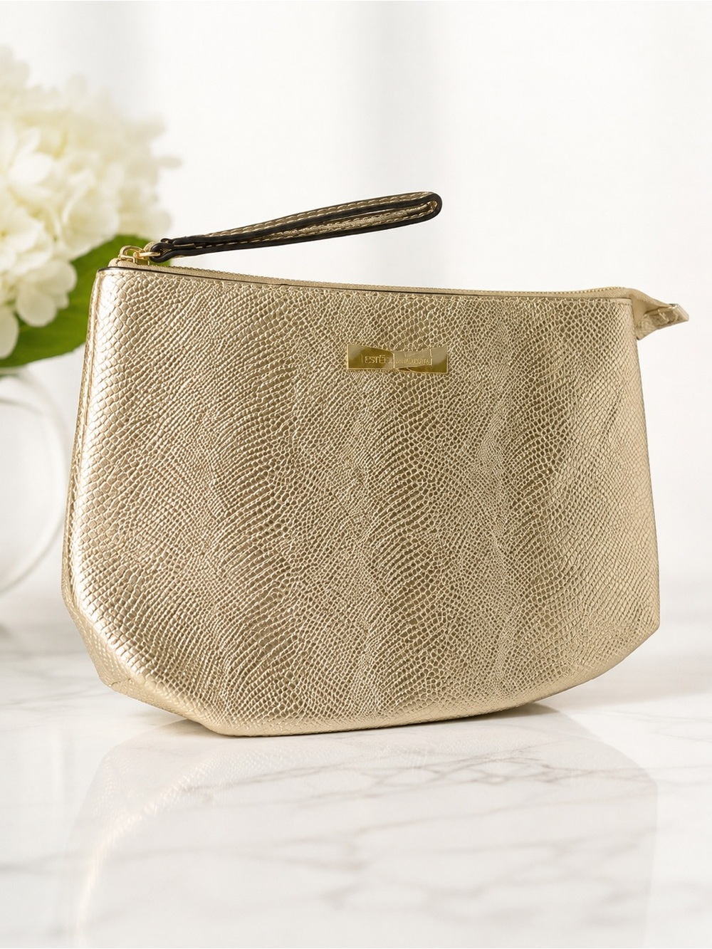 Estée Lauder Metallic Gold Cosmetic Makeup Bag Wristlet Pouch NWT